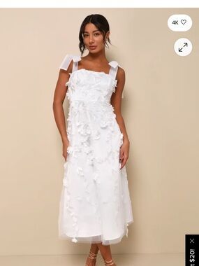 Lulu's White Floral Appliqué Midi Dress with Tie Straps